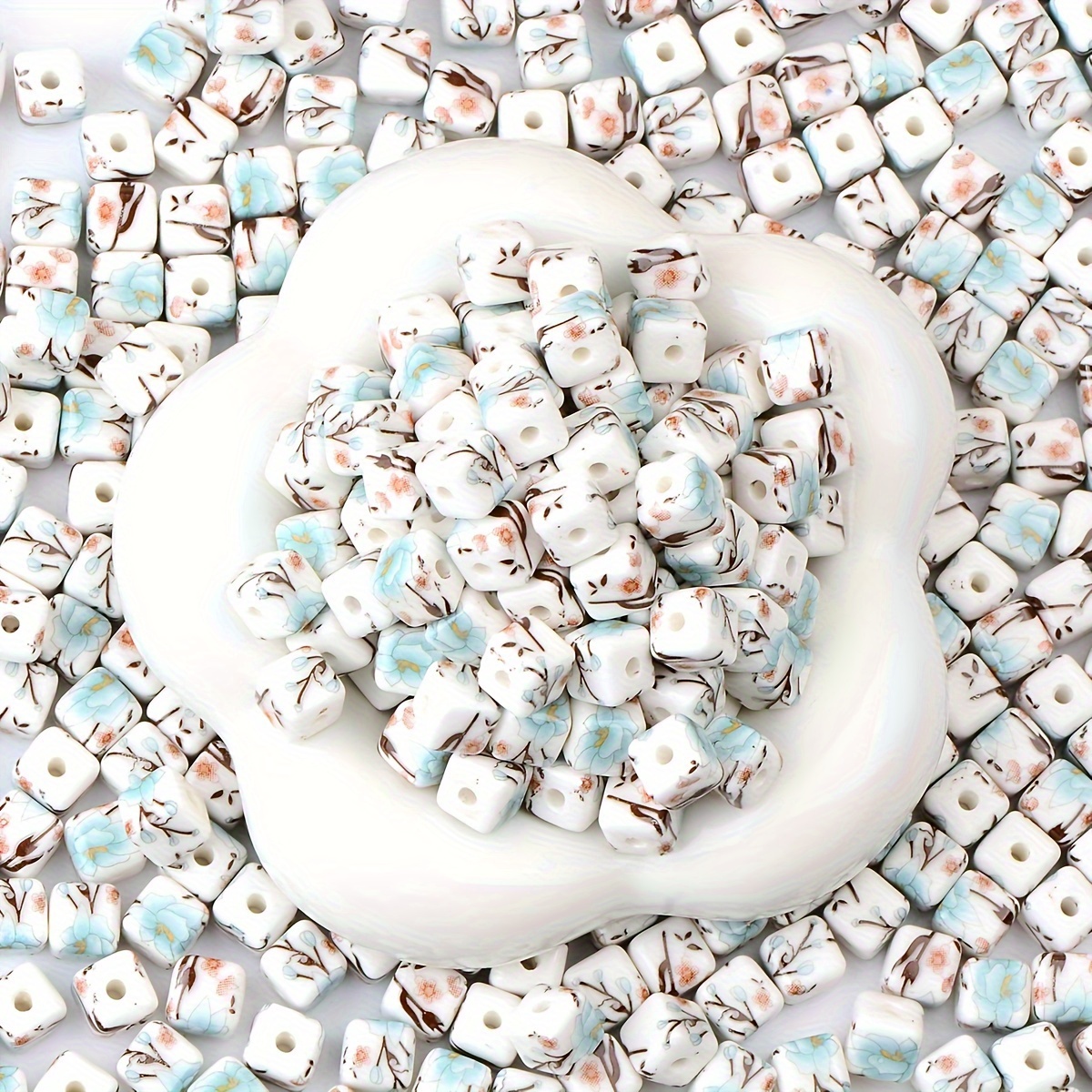 30pcs Vintage Lake Blue & White Porcelain Orchid Beads